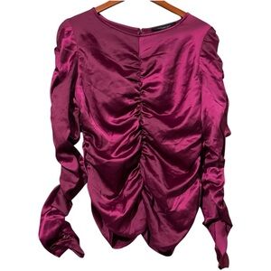 NWT Marc New York Wine Satin Blouse Ruched Long Sleeve Top Large